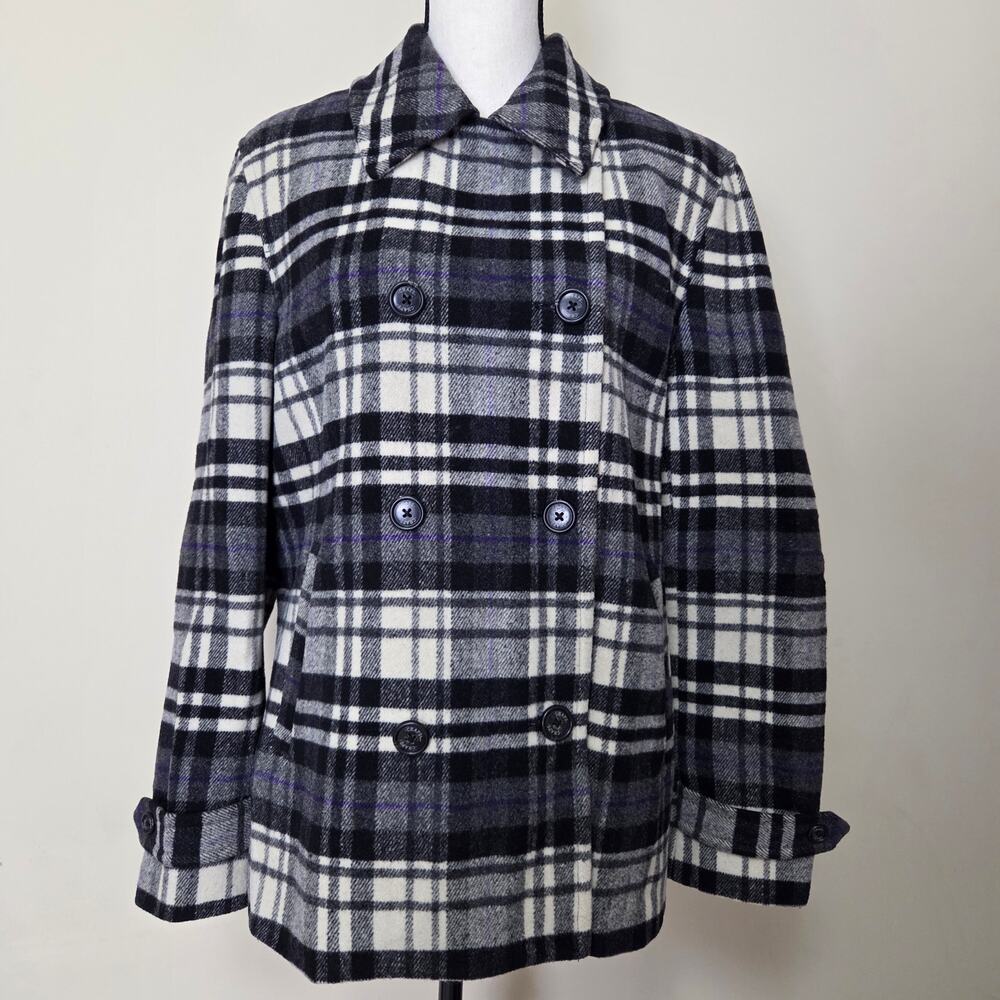 Chaps Women's XL Wool Blend Pea Coat Black White Plaid Pockets